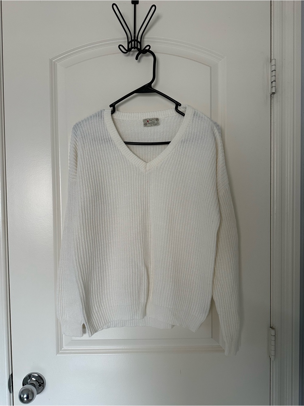 White Ribbed V-Neck Sweater